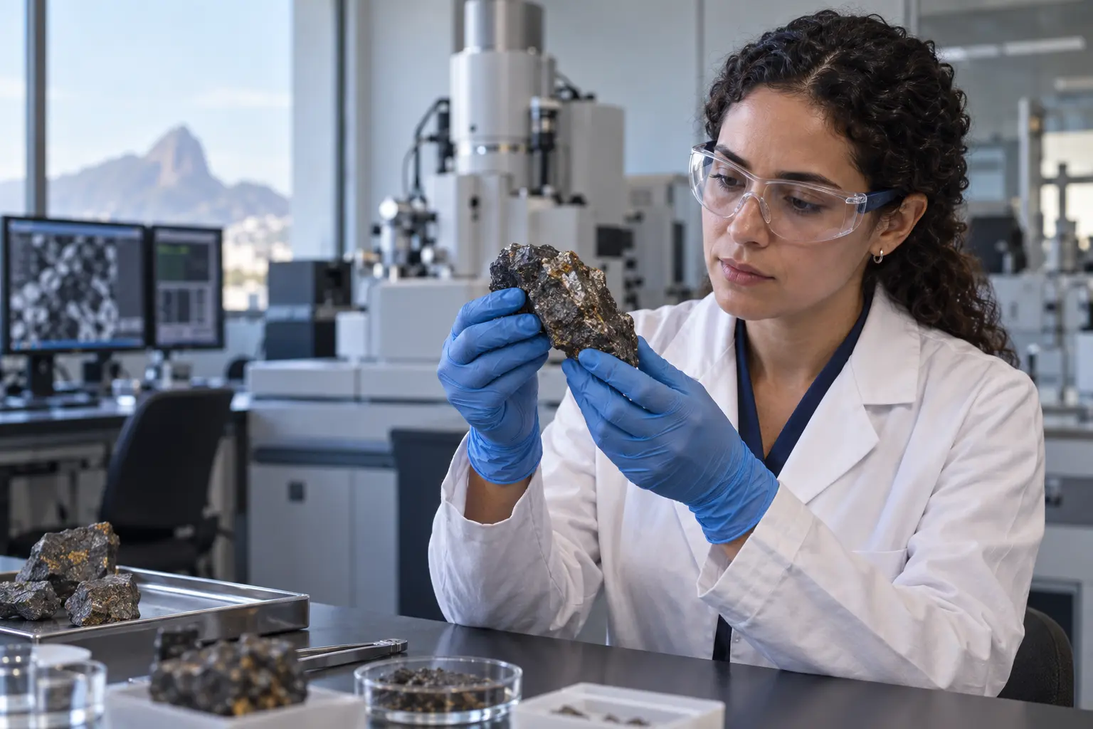 Pesquisadora analisa uma amostra mineral em laboratório de materiais